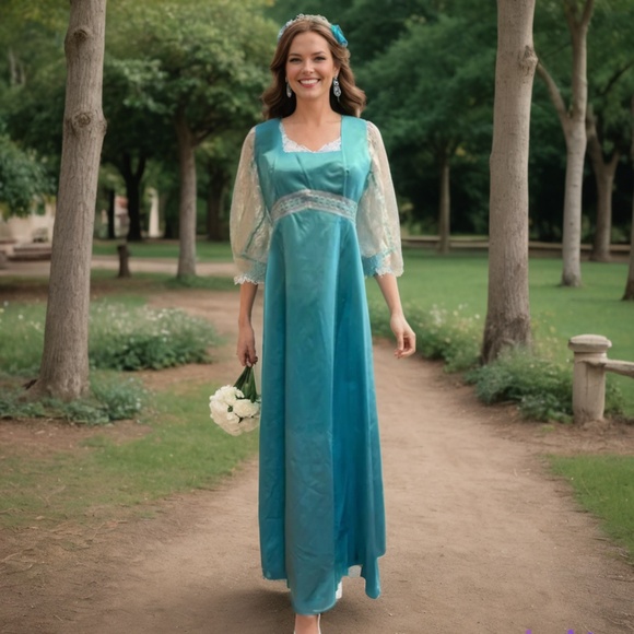 70s HANDMADE SATIN TURQUOISE BLUE SQUARE NECK MAXI DRESS LACE 3/4 SLEEVES & SASH - Picture 1 of 8